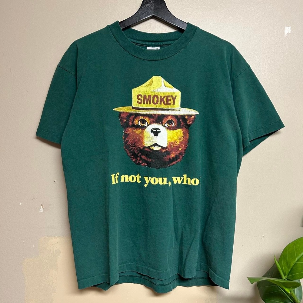 Vintage 90s Smokey The Bear T Shirt Mens Medium Green Anvil Made in USA Graphic